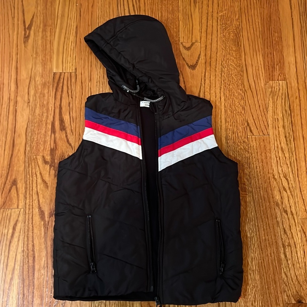 Kids boys full zipper vest black with white red & blur stripes inner fleece